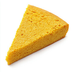 A golden slice of cornbread, isolated on a white background, showcasing its crumbly texture and warm color