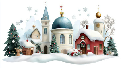 charming snow globe scene with cozy village, featuring snow covered houses, festive decorations, and evergreen trees, evokes warm holiday spirit