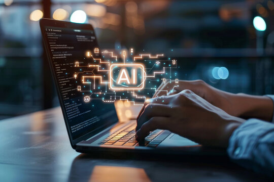 Chatbot with AI (Artificial Intelligence), businessman using a laptop computer chatting with an intelligent artificial intelligence asks for the answers he wants.