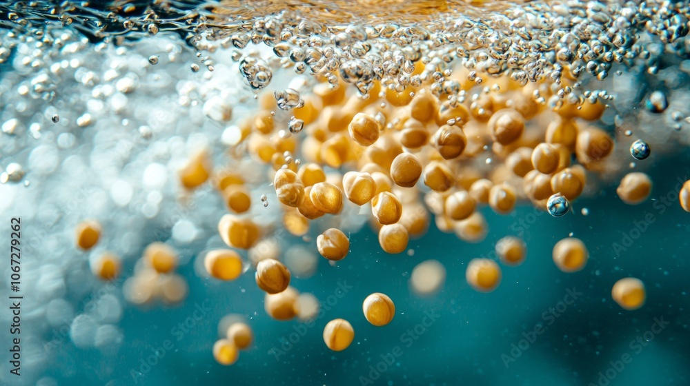 Poster brightly colored pea groats are suspended water displaying their individual forms while bubbles rise