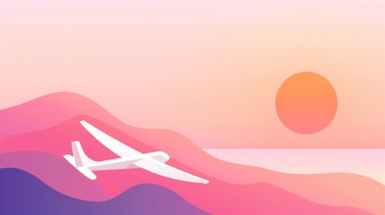 Serene glider in abstract sunset landscape with soft pastel waves and sun