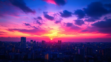 A vibrant sunset over a bustling skyline creates a stunning visual, Ideal for use in travel brochures, urban development presentations, or as a backdrop for inspirational quotes,