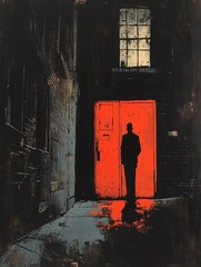 Fading Colors in London, a silhouette of a man on a street, surrounded by fading hues, a red door emanating darkness into the scene