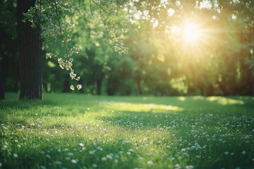 Fototapeta premium A Sunlit Meadow in the Woods Filled With Vibrant Green Grass and Blooming Flowers