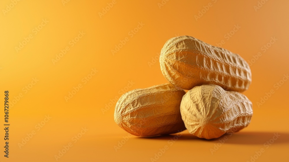 Poster composition highlights three realistic peanuts vibrant orange backdrop emphasizing their textured sh