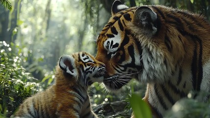 Obraz premium Tender Moment Between Tiger and Cub in Nature