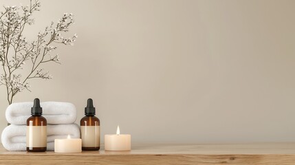 Spa Aromatherapy Scene with Essential Oils, Candles, and Towels on Wooden Surface