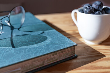 blue big book, glasses and blueberries in the white cup, sunlight and shadows on the wooden table 