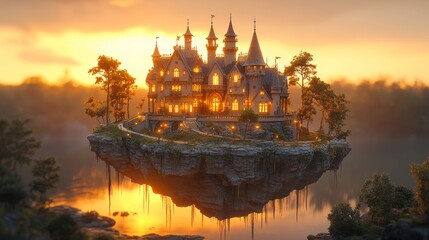 Obraz premium Explore the enchanting floating castle surrounded by a tranquil sunset landscape