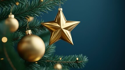 A Christmas tree with a gold star and gold ornaments