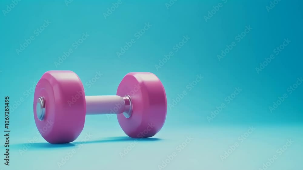 Aufkleber pink dumbbell is lying horizontally on a seamless blue backdrop, symbolizing a commitment to exercis