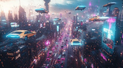 Obraz premium Explore the future of urban transport with flying cars in a futuristic cityscape