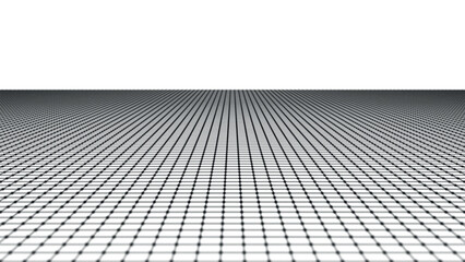 Abstract wireframe landscape. Vector perspective grid on white background. Detailed lines on white background. Perspective tiled floor. Detailed grid lines going to infinity