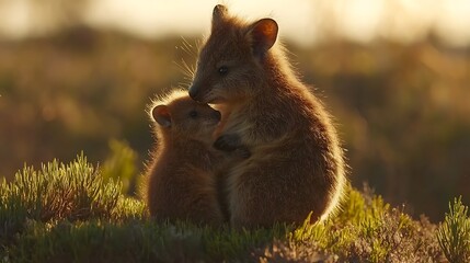 Naklejka premium Mother Quokka with Joey in Close Up Shot