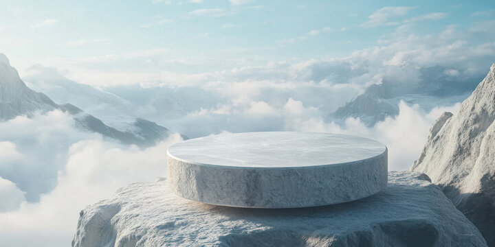 Stone podium amidst clouds and rolling mountain landscape, creating a serene outdoor display for cosmetics