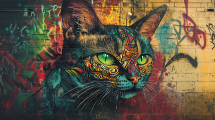 Artistic representation of cat with vibrant tribal face, set against colorful graffiti background