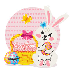 Fototapeta premium Easter card with cute bunny and basket of eggs flat style