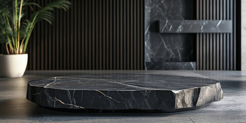Elegant black stone podium with natural cracks and imperfections, providing a unique, textured surface for premium product display