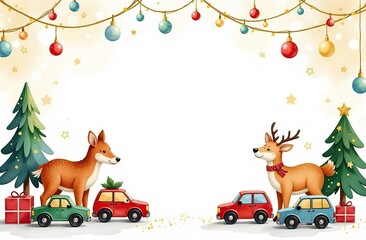 frame for text made from colourful kids toys, nature forest animals, toy cars, balls, cubes, with golden garland lights, on white Christmas background, festive golden bokeh 