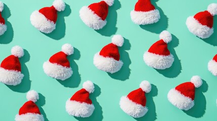Stylized Santa hats with playful pom-poms in bright red and white on a mint background, repeating in a fun pattern.
