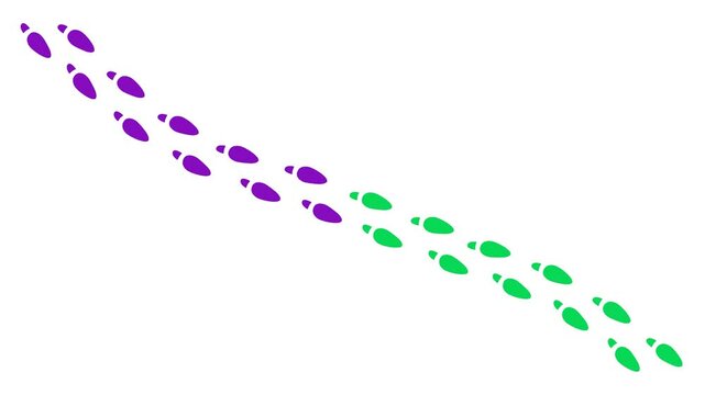 Human footprint 4K video. Purple, violet, green trace of foot prints of person (man or woman) in boots. Walk loop animation, graphic motion. Step by step footage animation, video on white background.