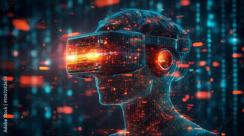 Poster virtual reality experience with holographic motion graphics in animation studio environment, engagin