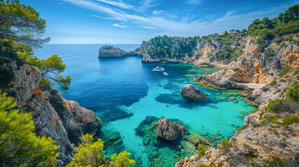 A stunning coastal view showcasing clear turquoise waters, rocky cliffs, and serene boats anchored in a picturesque bay, Ideal for travel articles, brochures, or nature-themed projects,