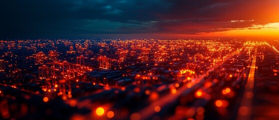 Aerial view of a shipping yard with highlighted container routes, real-time control, efficient logistics