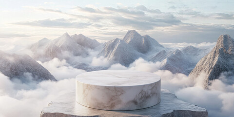 Natural stone pedestal under soft clouds in a scenic mountain backdrop, designed for minimalist beauty and skincare product displays