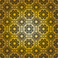 Geometric gold lace seamless pattern. Arabic tile lattice vector background.