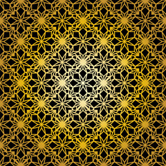 Geometric gold lace seamless pattern. Arabic tile lattice vector background.