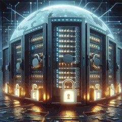 Network server rack with glowing locks and protective barriers