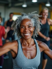 A senior woman with gray hair enjoys an active workout in a gym, surrounded by her friends. They share a positive atmosphere while engaging in fitness activities, highlighting community and health.