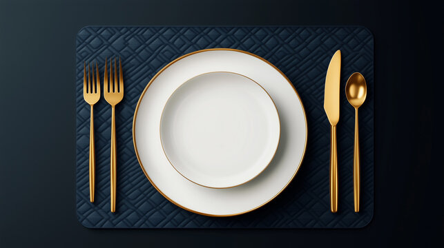 A fancy dinner table with a white plate and silverware
