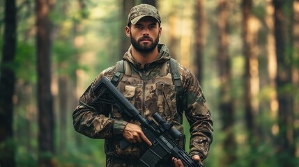 Fototapeta premium A soldier stands confidently in a dense forest, clad in camouflage gear, with a rifle in hand during dawn