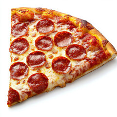 A slice of pepperoni pizza with gooey cheese, isolated on a white background, showcasing classic comfort food appeal