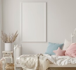 white pastel colors, boho kids bedroom mockup blank frame