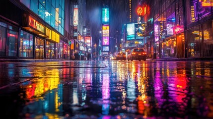 Obraz premium A city street with reflections of neon signs and building lights shimmering on the wet road at night, creating a vibrant urban scene