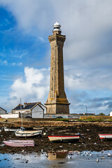 Phare d'Eckm?hl: Lighthouse Eckmuehl in Penmarch in Brittany, France, sunny day with blue sky, vertical