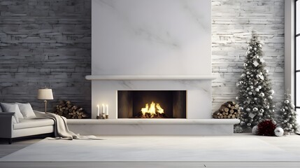 Cozy Christmas Living Room with Fireplace White Brick Wall and Decorated Tree