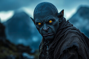 Obraz premium A close up of a man with yellow eyes in a dark forest