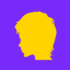 yellow silhouette from the side of a short-haired woman on a purple background