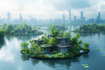 Naklejka premium floating ecofriendly islands topped with wind turbines hover above a bustling cityscape showcasing a harmonious blend of nature and urban life emphasizing sustainability and innovation