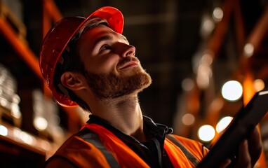 Worker using digital tablet to monitor stock replenishment on high racks, optimized routing system, logistics concept