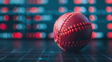 Close-Up of Baseball with Digital Red and Blue Light Background Symbolizing Sports Technology