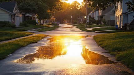 Fototapeta premium A suburban road at dawn, with water on the asphalt reflecting the golden hues of the rising sun, adding warmth to the scene