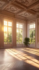 Obraz premium Sunlit Elegant Room with Ornate Ceiling and Hardwood Floor