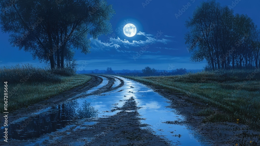 Poster an empty country road with puddles reflecting the soft light of the moon, creating a calm and quiet 