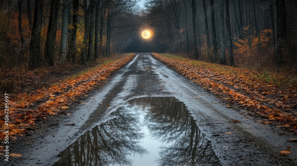 Aufkleber an empty country road with puddles reflecting the soft light of the moon, creating a calm and quiet 