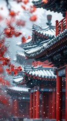 Fototapeta premium Snow Falling on Red Chinese Pagoda Temple Architecture